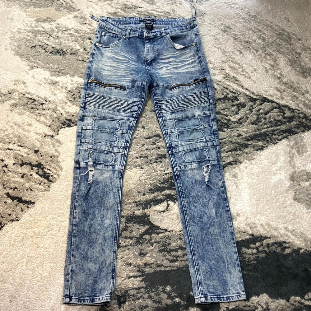 Y2K M Society Jeans Mens‎ 34x34 Blue Whiskered Denim Skinny Leg Distressed